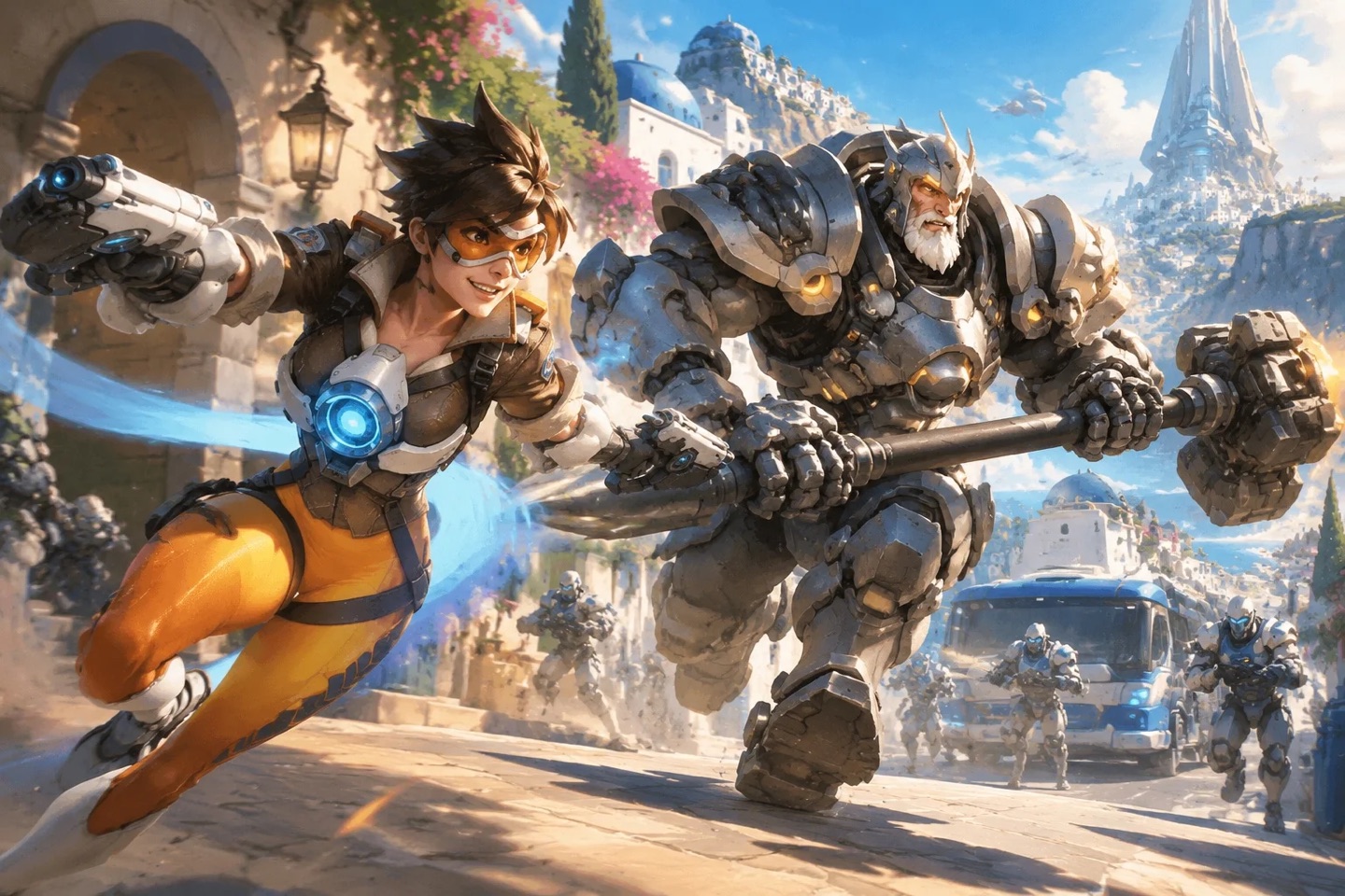 Fan illustration of Tracer and Reinhardt advancing as a team